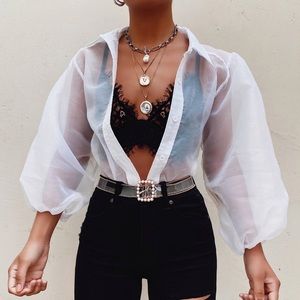 Sheer Button Front Puff Sleeve Blouse